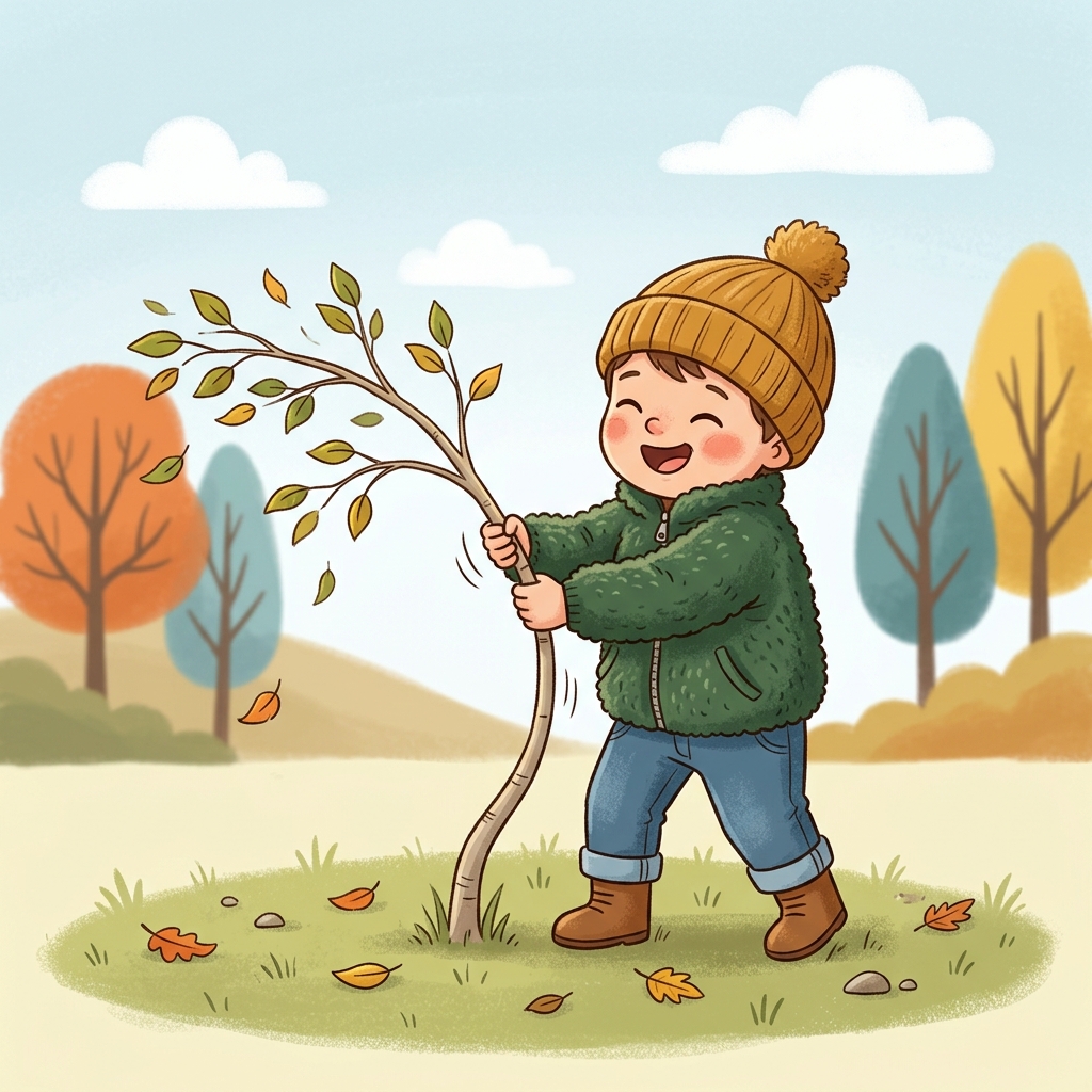 Ilustracja: dziecko w czapce sadzi drzewko na jesiennej łące