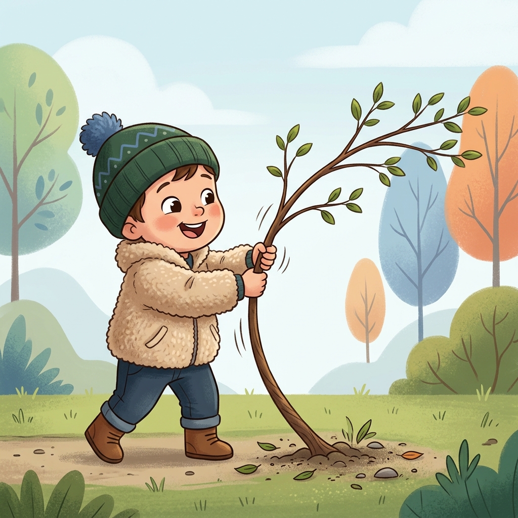 Ilustracja: dziecko w futrzanej kurtce sadzi drzewko na leśnej polanie