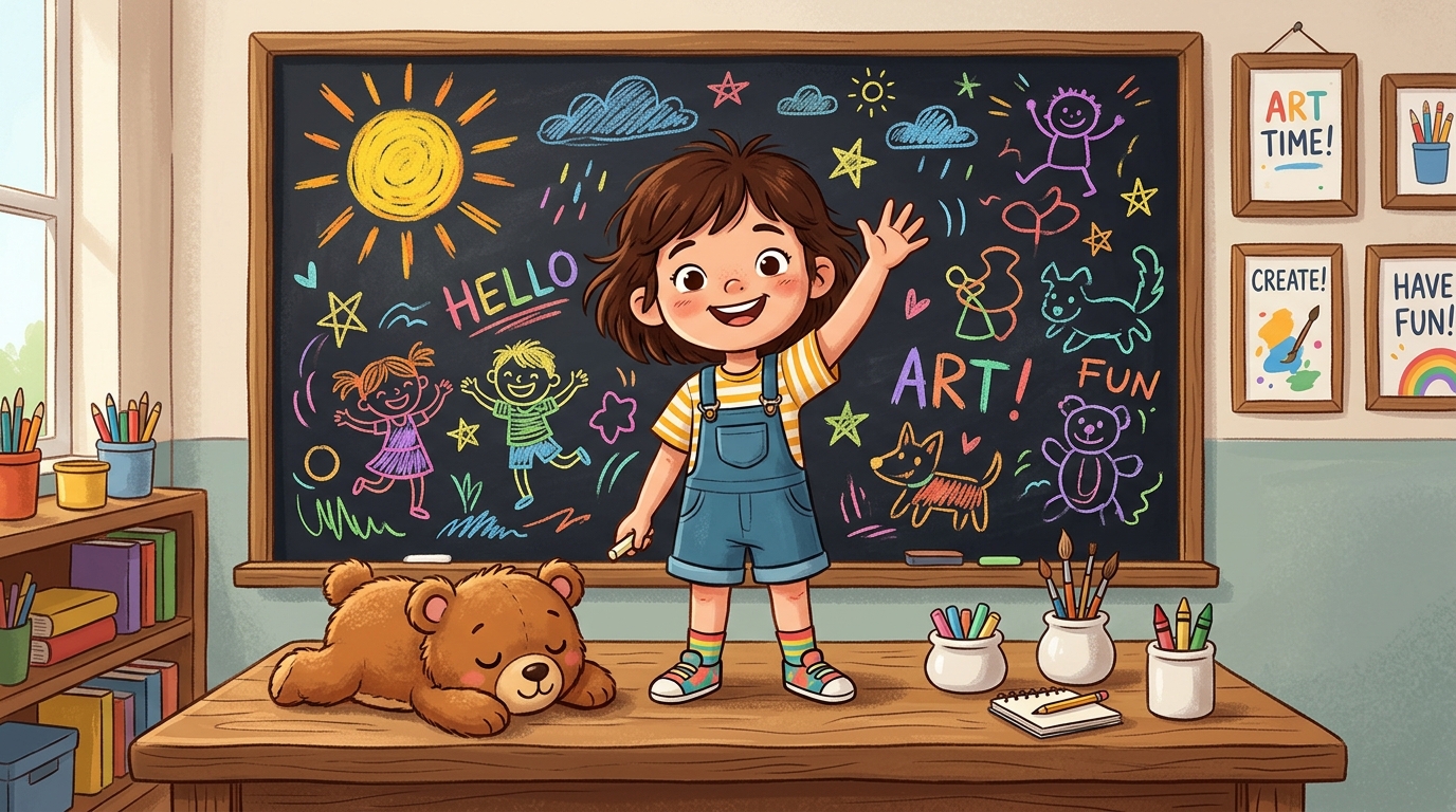 Radosna dziewczynka w stylu ilustracji stoi na biurku przed tablicą pełną kolorowych rysunków